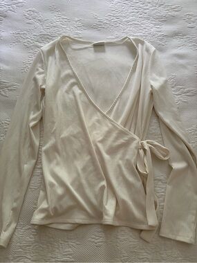 VILA Cream Ribbed ballet style Wrap Top - Long Sleeve